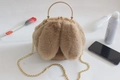 Cute brown plush rabbit ear handbag with gold metal handle and chain shoulder strap - Light Khaki