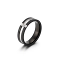 Moderne tweekleurige roestvrijstalen ring met geborstelde afwerking en centrale diamant - US 7 / Zwart