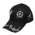 Black cotton baseball cap featuring white graffiti stars and silver metal rings on the brim - Adjustable / Black