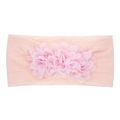 Pink elastic nylon baby headband featuring three layered chiffon flowers for infants - Pink