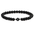 Detail of 6mm black matte stone beads bracelet featuring a letter Y charm and silver spacers - Letter Y