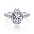 Luxury halo style ring with round center diamond and baguette cut side stones - US 10 / Silver/White