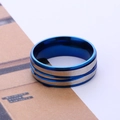 Titanium steel ring with blue finish and double silver brushed stripes on a plain background - US 6 / Blue