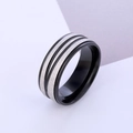 Polished black and silver brushed titanium steel ring with parallel black grooves for men - US 6 / Black