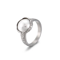 Silver shell titanium steel ring featuring a large white pearl and bark texture band - Size 7 / Steel