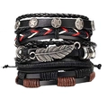 Set de pulseras de cuero multicapa con colgante de pluma metálica y tachuelas de estrella - Estilo A-Pluma Estrella Juego de 5 piezas