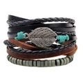 Multilayer leather bracelet set featuring green wood beads and a silver leaf charm - Style E-Bohemian 4pcs Set