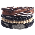 Set de pulseras multicapa de cuero trenzado y cuentas de madera con dije de ala de ángel - Estilo D-Ala Juego de 4 piezas