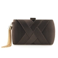 Elegant bronze satin evening clutch bag with cross-texture fabric and gold metal tassel - Dark Brown