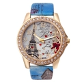 Women's watch with Eiffel Tower heart pattern dial, crystal bezel and blue leather strap - Blue