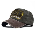 Vintage gray and brown patchwork cotton baseball cap with ROCK embroidery detail - Adjustable / Army Green (Dark Grey Crown/Coffee Brim)