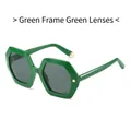 Modern hexagonal PC sunglasses with green frames, green lenses and metal rivets - Green Frame / Green Lens