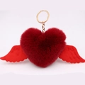 Macro detail of red plush heart keychain with wings and golden metal chain - Gold Keychain / Burgundy