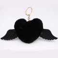 Close-up of black plush heart keychain with wings and gold-tone alloy spring ring hook - Gold Keychain / Black