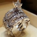 Classic four-prong round solitaire wedding ring set with pavé geometric hollow bands - US 6 / Silver