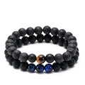 8mm Tiger Eye and Lava Stone elastic couple bracelet set in matte black finish - Lava Rock & Matte with Tiger Eye & Blue Cat Eye Set (Style 11)