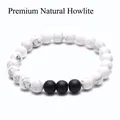 8mm White Turquoise beaded bracelet with three matte black stones on white background - Natural White Turquoise with Black Matte (Style 2) / 8mm/Single Piece