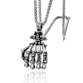 Colgante de mano de esqueleto punk gótico con detalles de calavera en cadena de acero - Colgante + Cadena de Perlas Cuadradas de 60cm / Color Acero