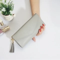 Gray long envelope wallet in lychee grain leather with tassel pendant for women - Gray