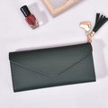 Long dark green envelope wallet with litchi texture, gold heart pendant, and black tassel - Dark Green