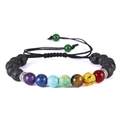 Adjustable 7 chakra lava stone beaded bracelet with woven cord and volcanic beads - Adjustable Drawstring Style / Black/Lava Stone/7 Chakra