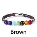 Brown braided leather chakra bracelet with seven colorful beads and magnetic clasp - Braided Leather Cord / Brown/7 Chakra/Magnetic Clasp