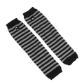 Detail of black and gray striped knitted arm warmers with thumb holes and ribbed cuffs - Black Grey Stripe