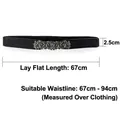 Elastic black waist belt for women with vintage silver rose floral metal buckle closure - Four Flowers (Black)