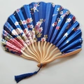 Detailed view of blue silk folding fan with floral patterns and a matching tassel - No.5 Royal Blue