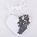 Detail of heart-shaped sequin coin purse with silver reversible sequins and braided strap - White Silver