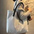 Japanese style gray plaid tote bag with black leather straps and metal rivets - Light Gray