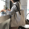 Japanese style brown plaid tote bag with black leather straps and large capacity - Beige