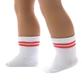 White knit socks with red stripes for 18 inch dolls, shown on doll legs with sharp detail - White Red Striped