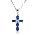 Elegant cross pendant necklace featuring deep blue oval zircons and silver chain - Blue