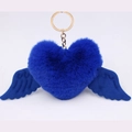 Royal blue heart plush keychain with wings and a golden metal ring for bag decoration - Gold Keychain / Sapphire Blue