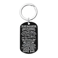 Detail of black metal dog tag keychain with white laser engraved message for daughter - Keychain-Dad to Daughter / Black