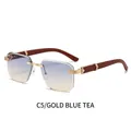Frameless rectangle sunglasses with wood temples and gold accents in blue tea gradient - Gold Frame Blue Tea Lens (C5)