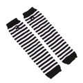 Detail of long knit arm warmers with black and white horizontal stripes and thumb holes - One Size / Black & White Stripes