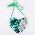 Macro detail of heart-shaped sequin mini purse showing green and silver reversible sequins - Turquoise Blue Silver