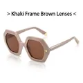 Geometric hexagonal sunglasses with khaki frames, brown lenses, and gold rivet details - Khaki Frame Tea Lenses