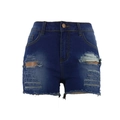 Pantaloncini di jeans a vita alta blu scuro con strappi e orlo sfilacciato - S / Blu scuro