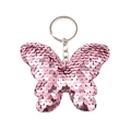 Porte-clés papillon à paillettes roses réversibles avec anneau en métal sur fond blanc - Anneaux de Jonction Argentés / Rose