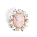 Vintage Victorian cameo brooch with pink oval lady portrait and golden pearl frame - Pink