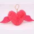 Close-up of rose red heart plush keychain with white wings and golden metal ring - Gold Keychain / Watermelon red