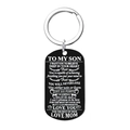 Black titanium steel dog tag keychain for son with engraved silver ring and white text - Keychain-Mom to Son / Black