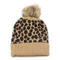 Leopard print knitted beanie for women featuring a faux fur pompom and ribbed cuff - Khaki