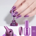 Macro shot of purple mirror nail polish with metallic finish on nails and 8ml bottle - 05 Mirror Purple