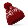 Bonnet d'hiver en tricot rouge avec motifs de flocons de neige blancs et pompon - Bordeaux avec pompon bordeaux