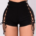 High-waisted black denim shorts with side lace-up eyelet details for women - S / Black