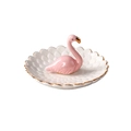 Detail of white petal-shaped ceramic jewelry tray with pink flamingo and gold rim - Wave Edge Flamingo Dish